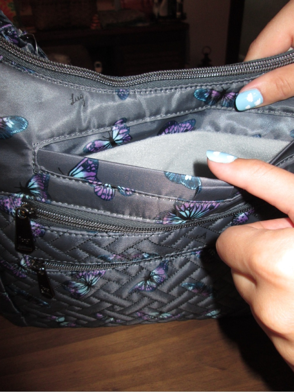 lug Gray Quilted Crossbody Bag with Purple & Teal Butterfly Print - Picture 7 of 8